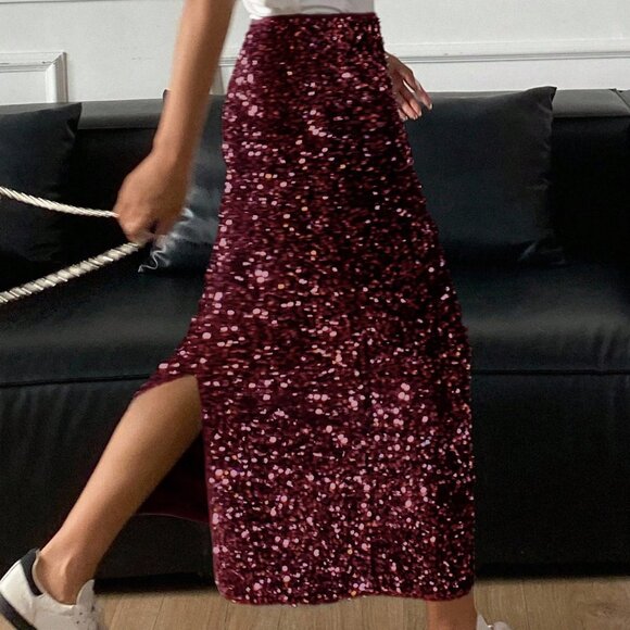 Burgundy Party Women's Sequin Embellished Elegant Side Slit Skirt - Picture 4 of 5